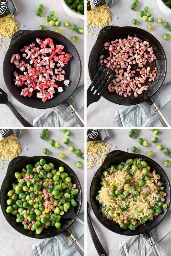 Step by step how to make one-pan cheesy brussels sprouts with bacon.