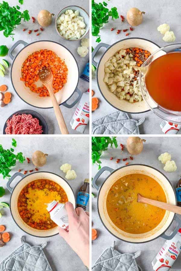 Step by step 4 images collage instruction on how to make Zuppa Toscana soup with ground beef, carrots and cauliflower.