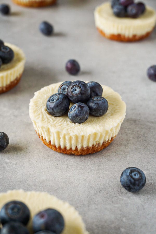 Gluten-free and sugar-free keto cheesecake bites topped with fresh blueberries lying on a grey working surface.