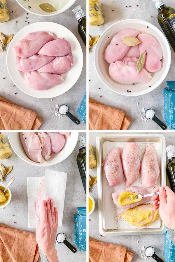 Step by step 4 images collage instruction on how to make brined and baked mustard chicken breasts.
