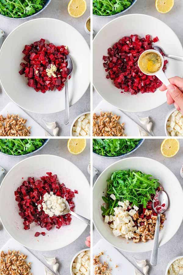 Step by step process picture on how to make arugula beet salad with feta and walnuts.