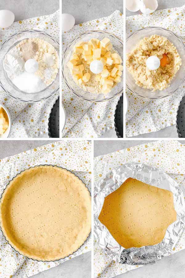 5 steps process shot on how to make easy keto pie crust recipe.