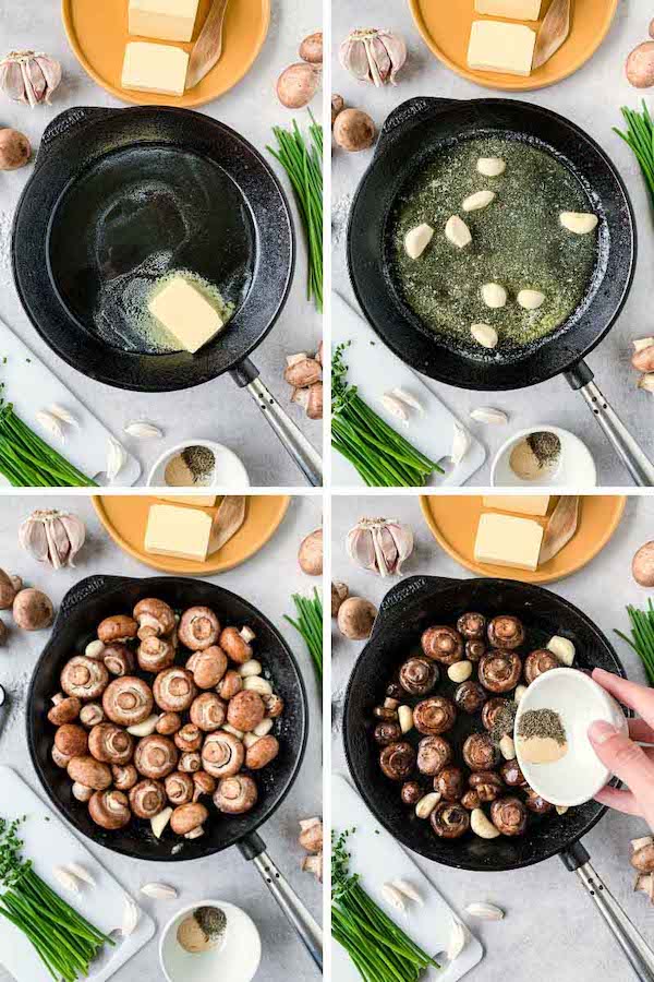 Step by step process picture on how to make sautéed mushrooms with butter and garlic.