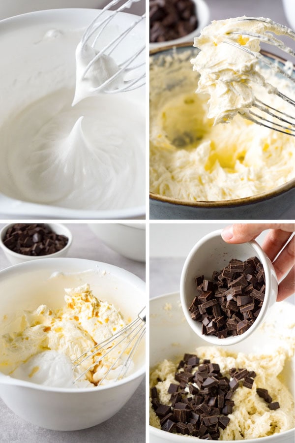 4 images collage picture showing how to make keto chocolate chip cookies.