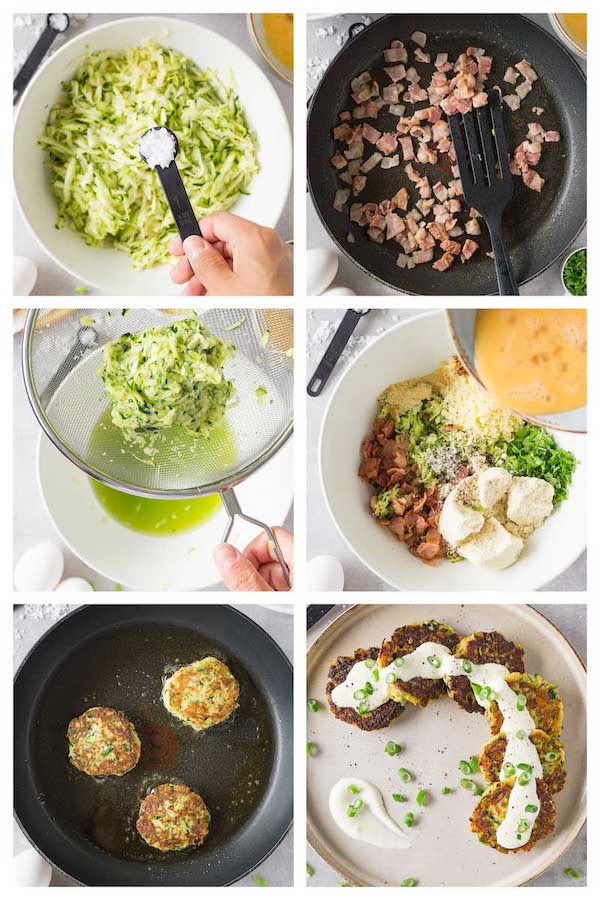 Step by step 6 images collage showing how to make keto zucchini fritters with bacon.
