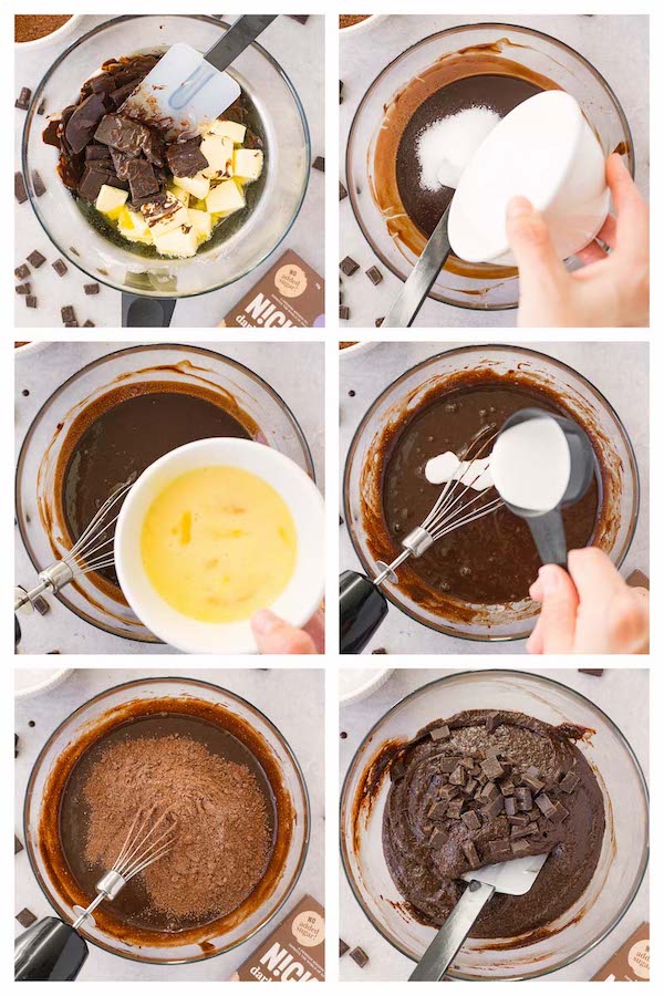 6 steps collage image showing how to make keto brownies with coconut flour.