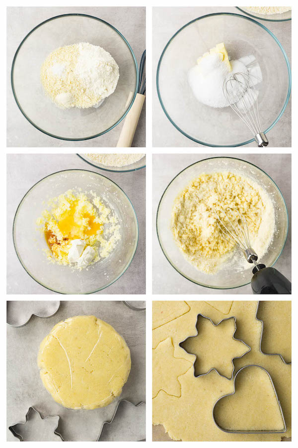 6 steps collage image showing how to make keto cut-out sugar cookies.