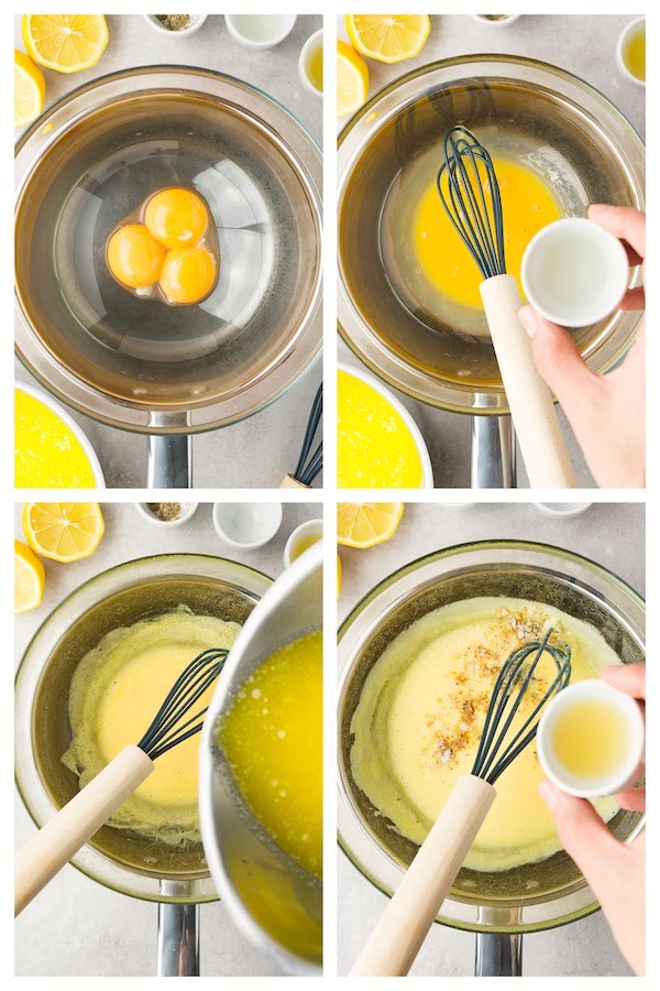 4 steps collage image showing how to make easy keto hollandaise sauce.