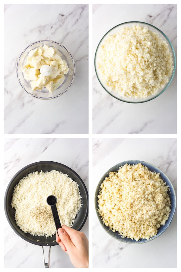 4 images collage picture showing how to make keto cauliflower rice.