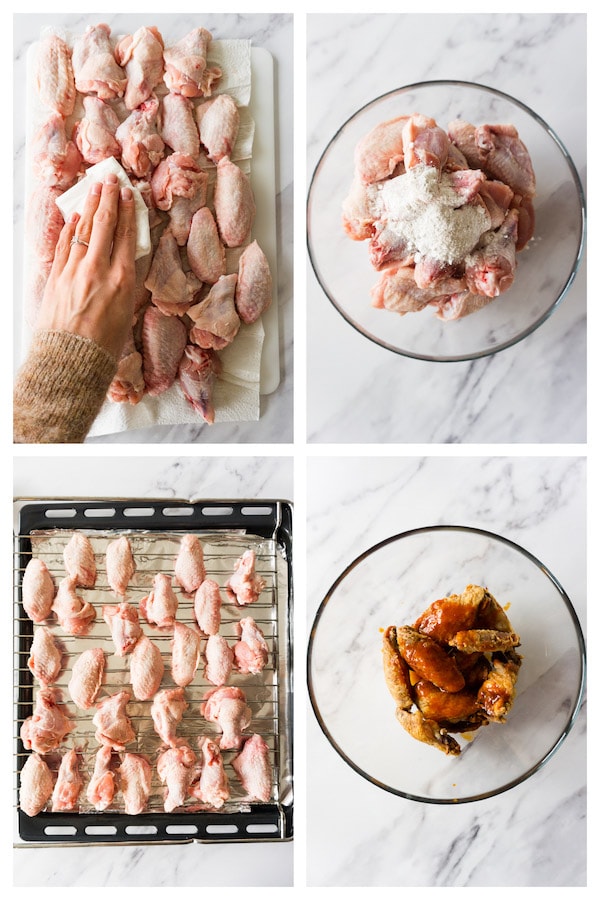 4 images collage picture showing how to make baked keto buffalo wings.