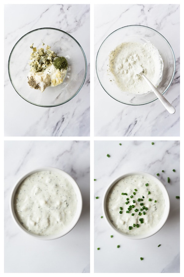 4 images collage picture showing how to make keto blue cheese dip.