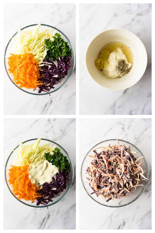 4 images collage picture showing how to make keto coleslaw.