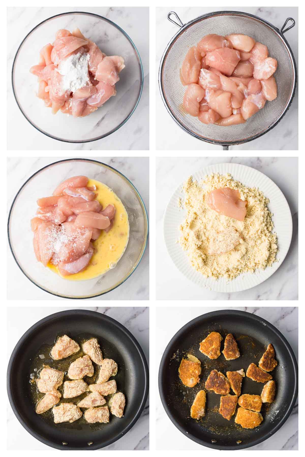 6 steps collage image showing how to make keto chicken nuggets.
