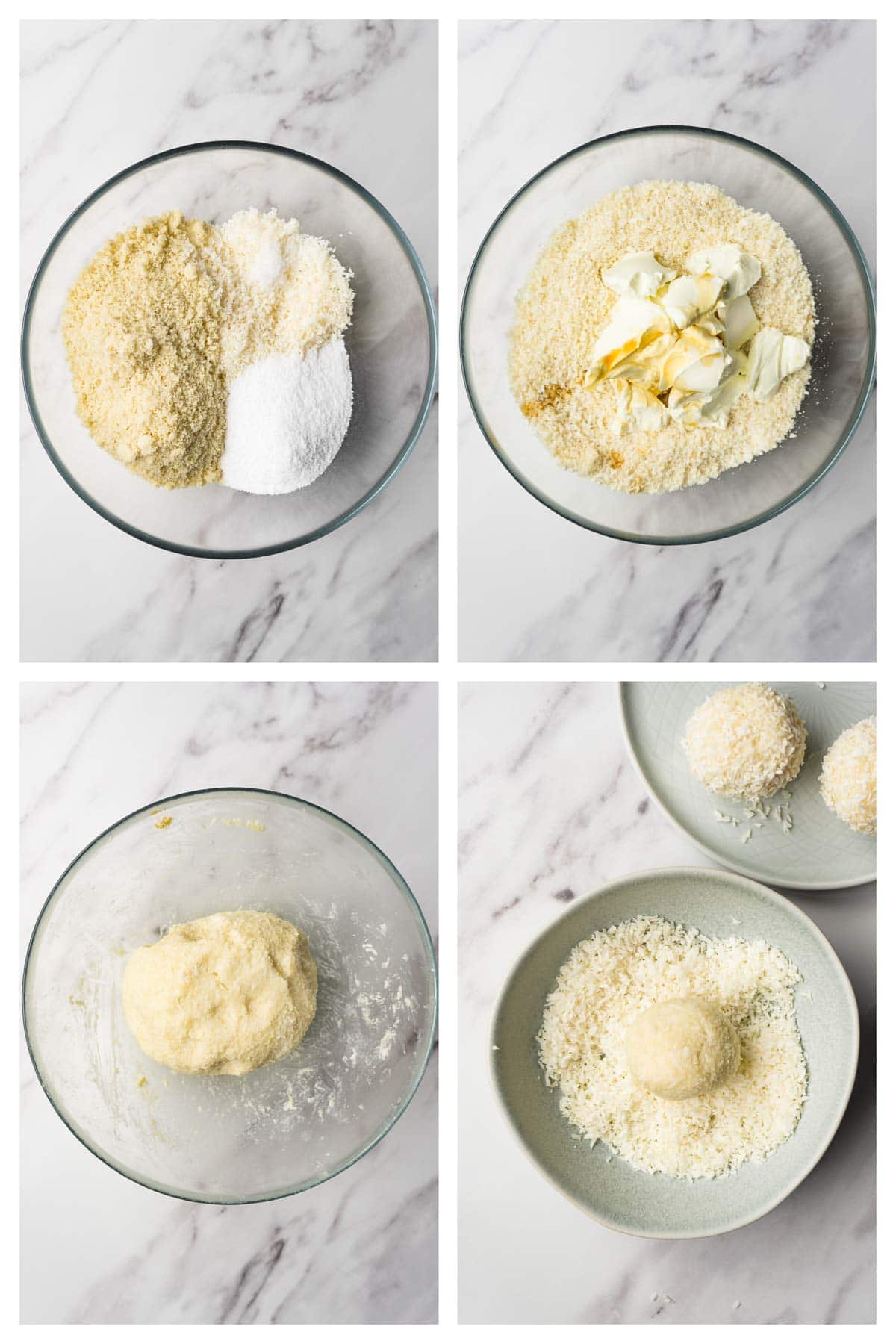 4 images collage picture showing how to make cream cheese coconut keto fat bombs.