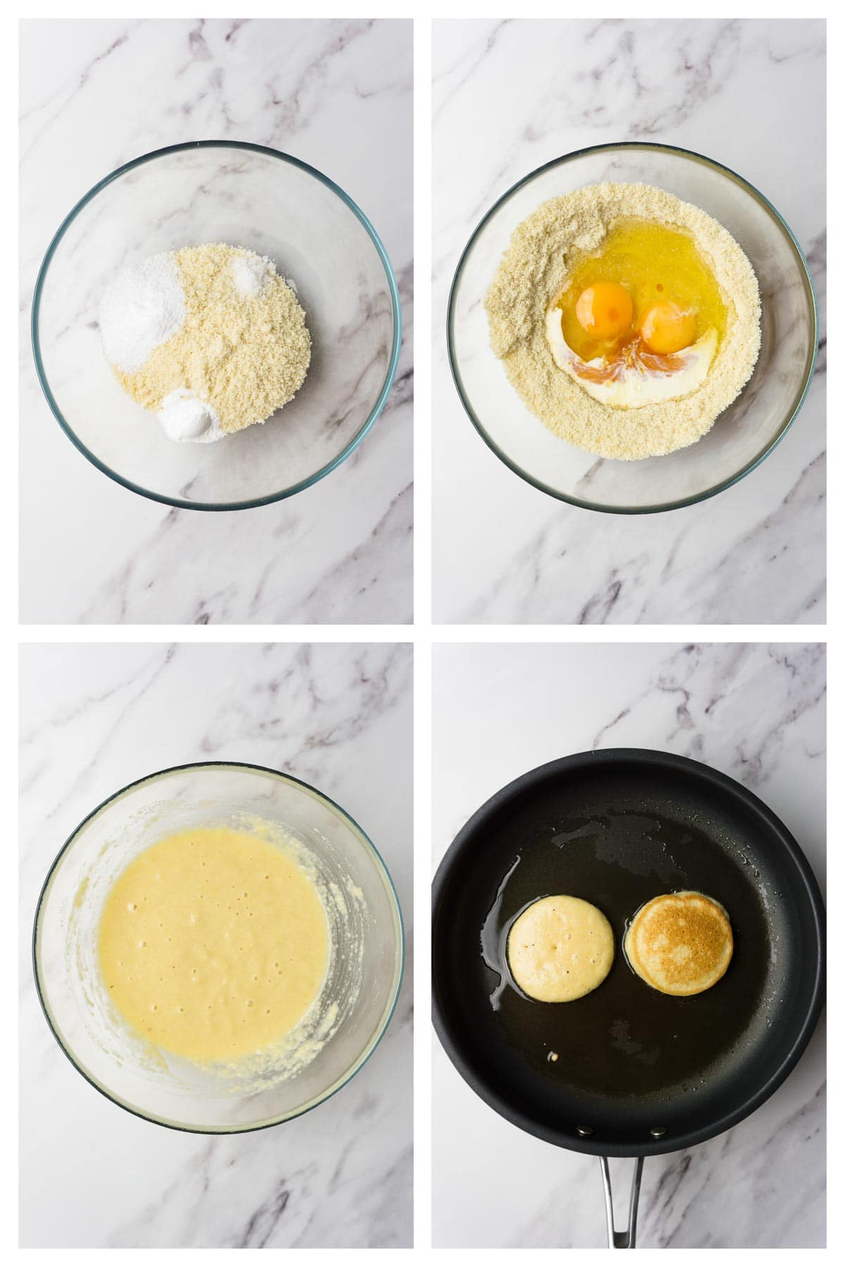 4 images collage picture showing how to make almond flour pancakes.