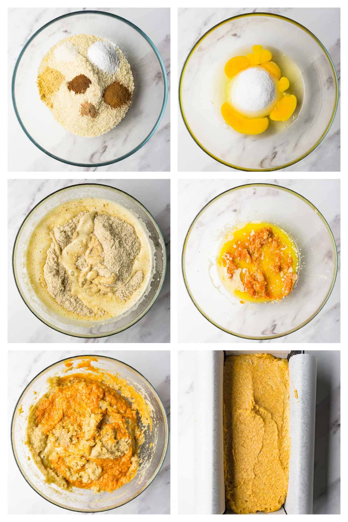 6 steps collage image showing how to make almond flour keto pumpkin bread.