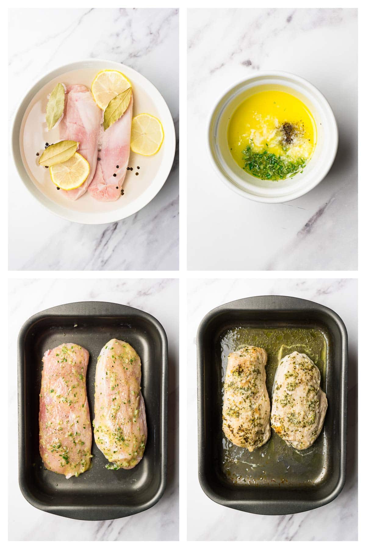 4 images collage picture showing how to make brined turkey breast recipe.
