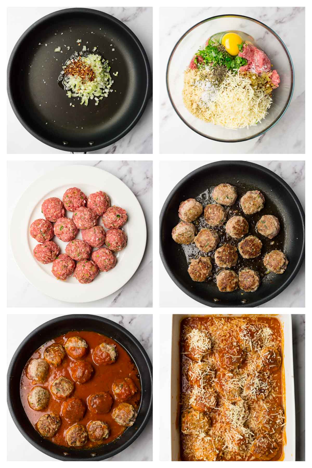 6 steps collage image showing how to make healthy keto turkey meatballs.