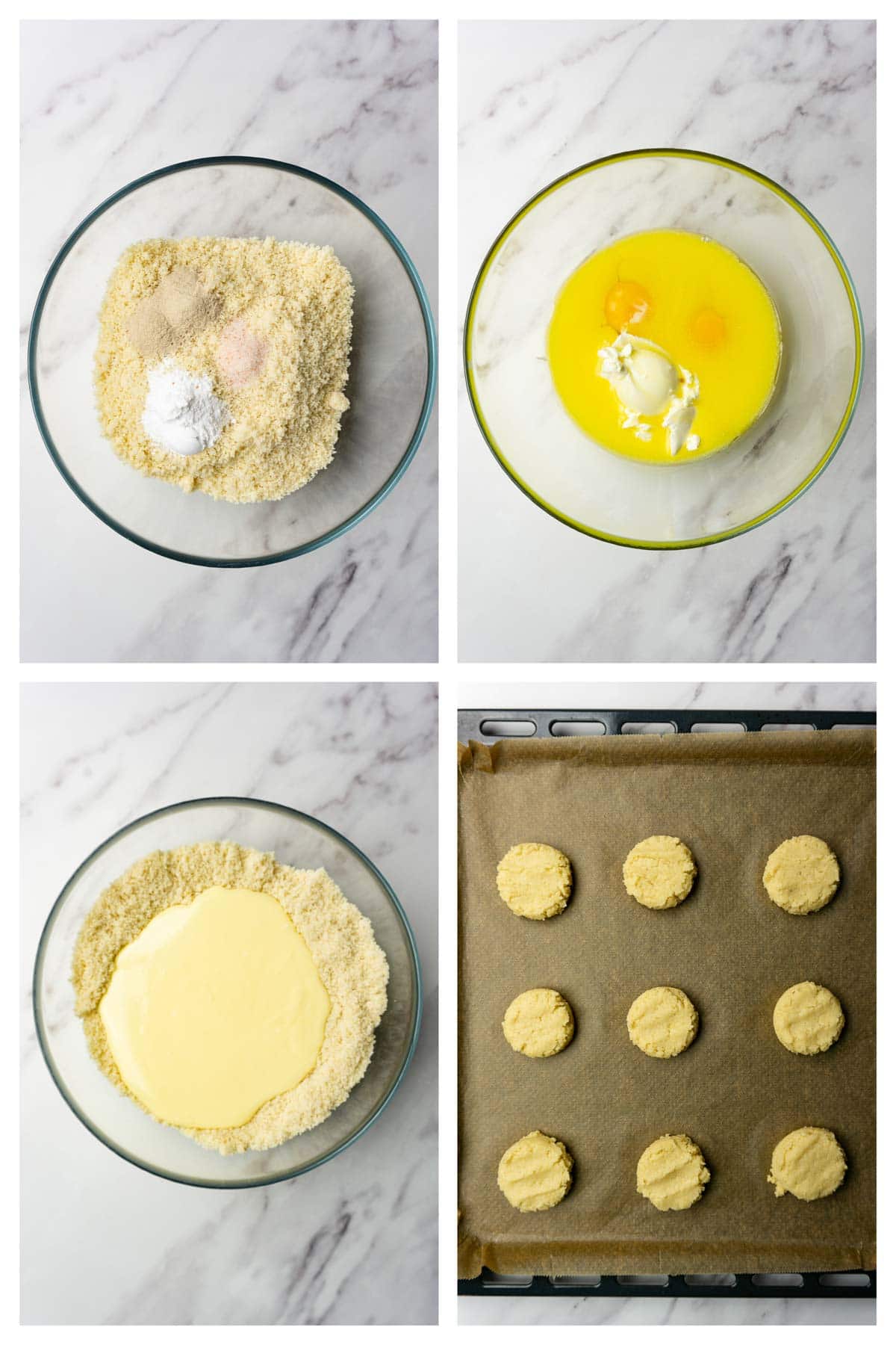 4 images collage picture showing how to make almond flour biscuits.