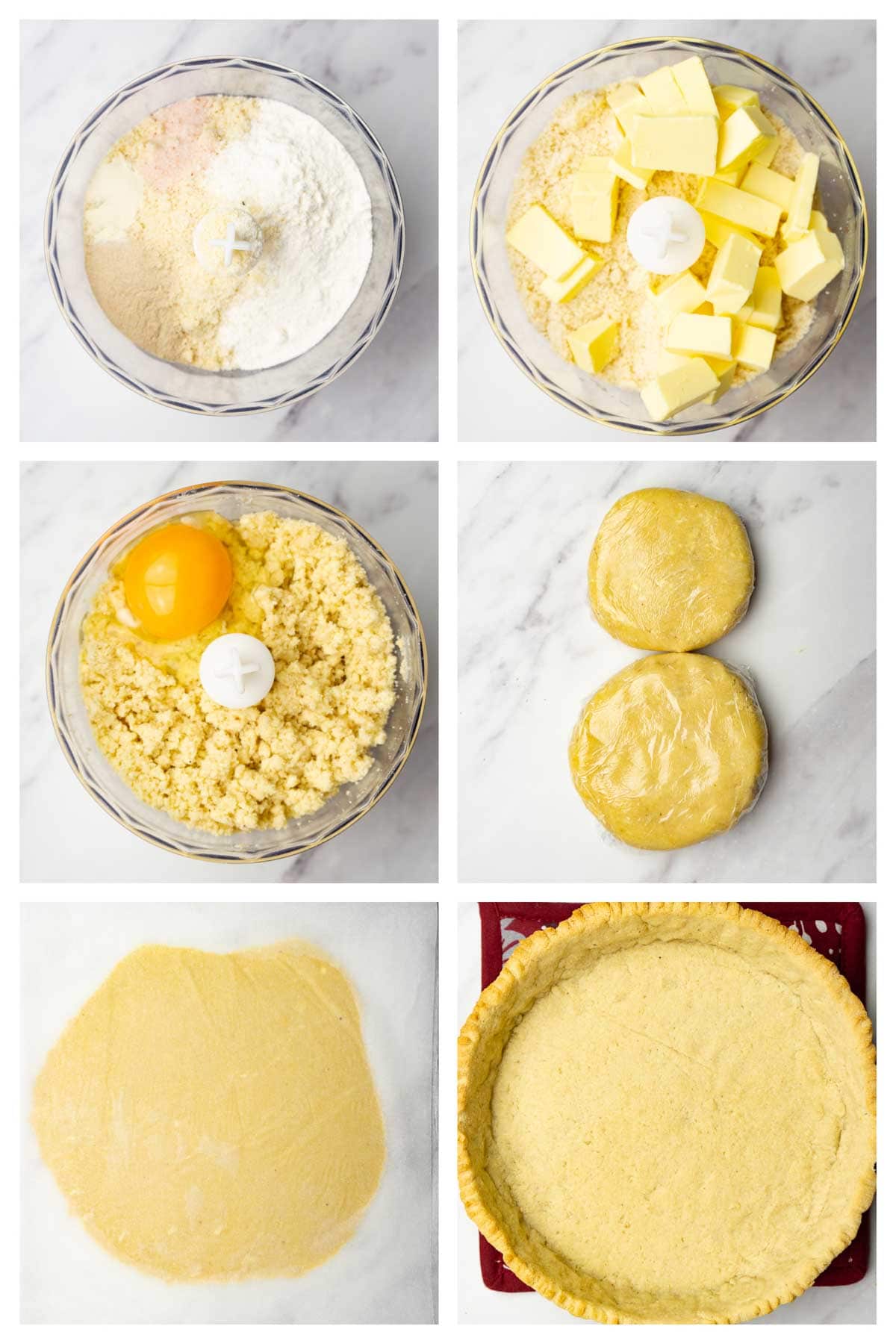 6 steps collage image showing how to make low carb chicken pot pie crust.
