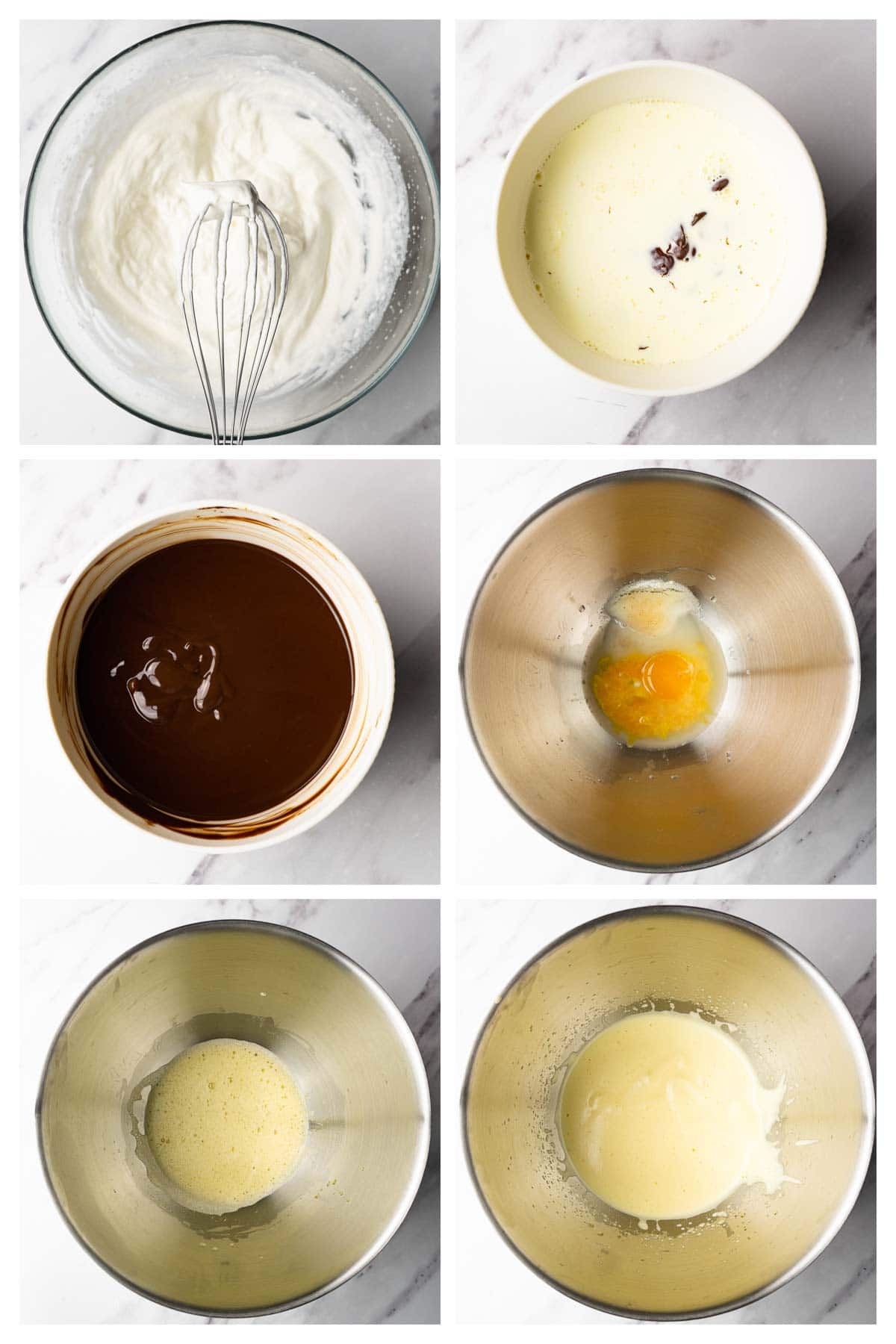6 images showing step by step directions to make chocolate mousse.