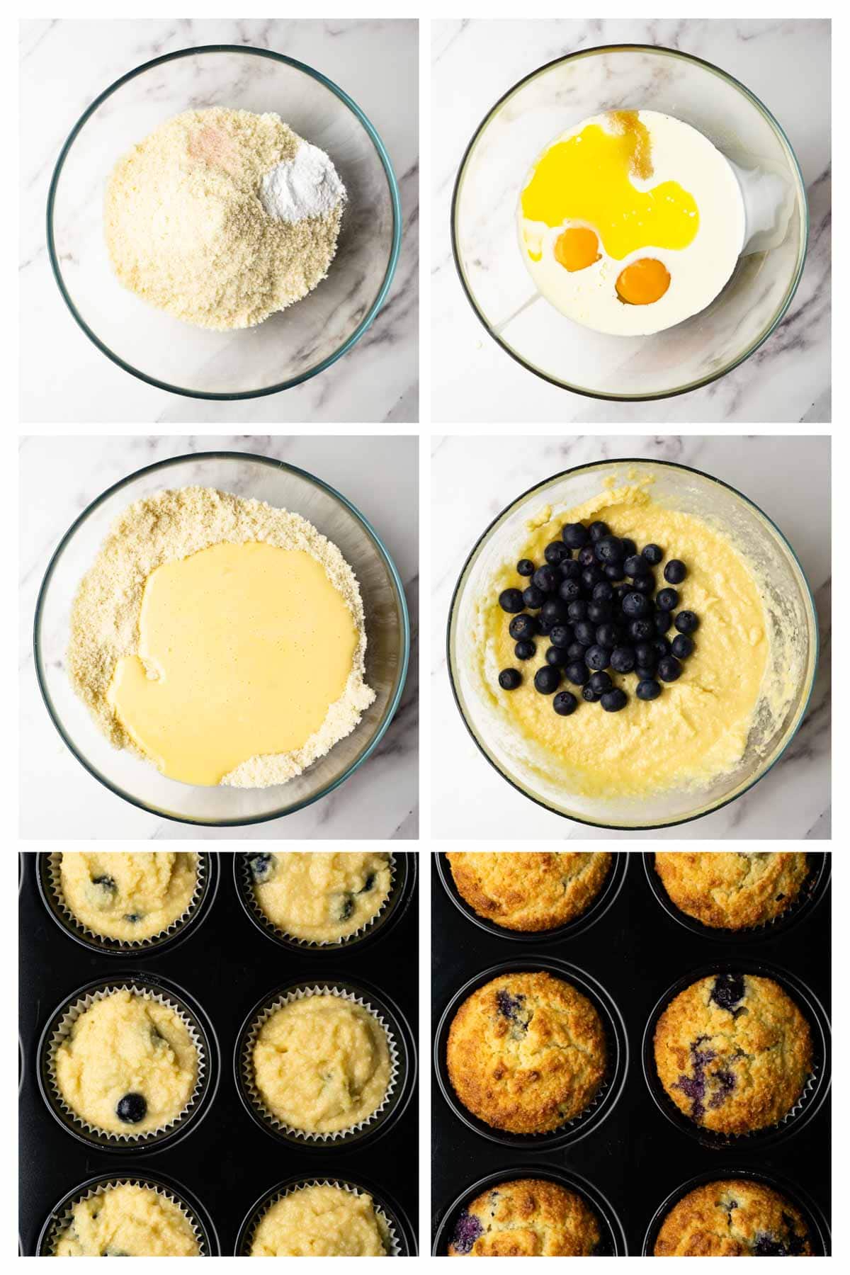 6 images showing step by step directions to make keto blueberry muffins.