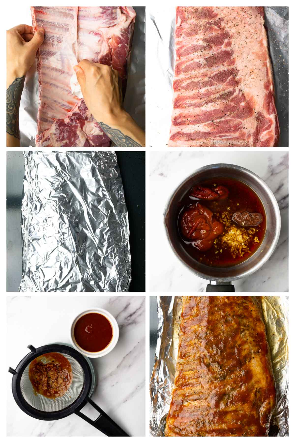 6 images showing step by step directions to make oven-baked BBQ keto ribs.