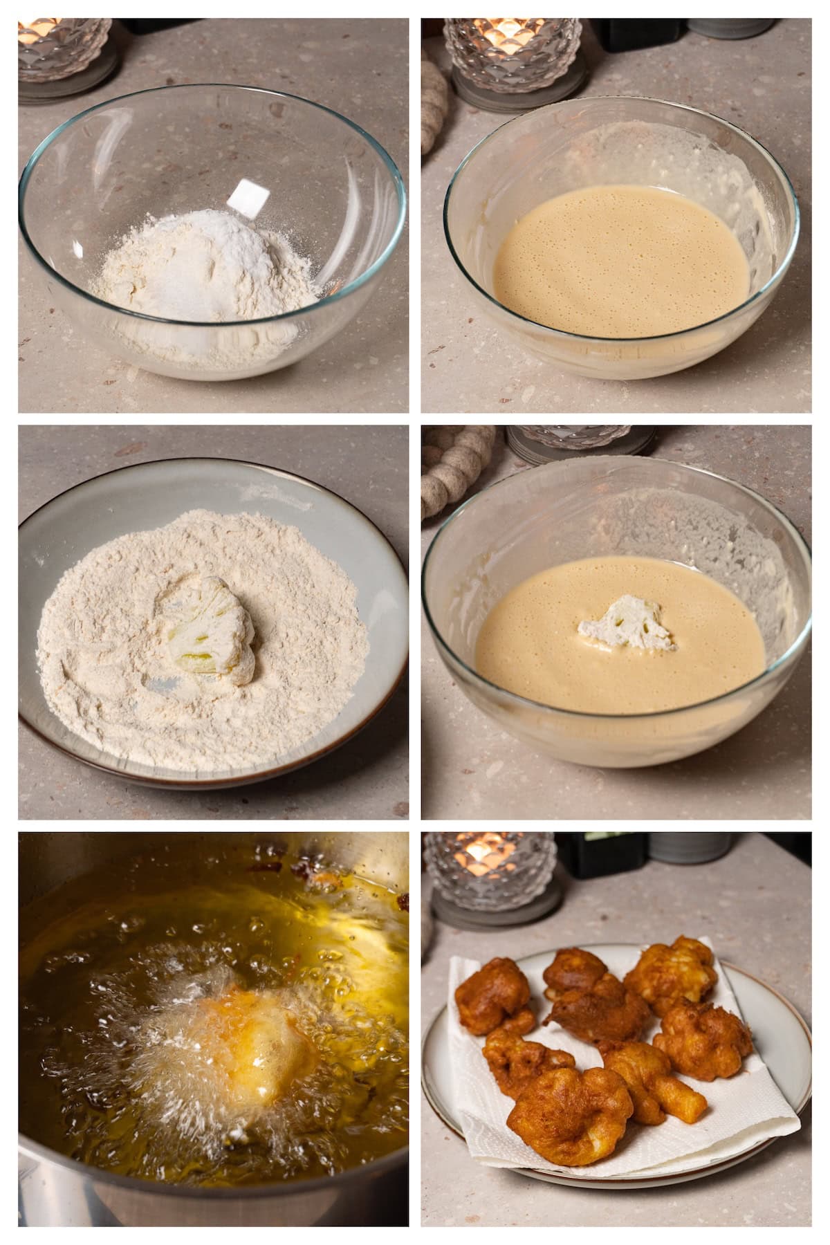 A six-step collage image that shows how to coat cauliflower florets in batter and deep fry them.