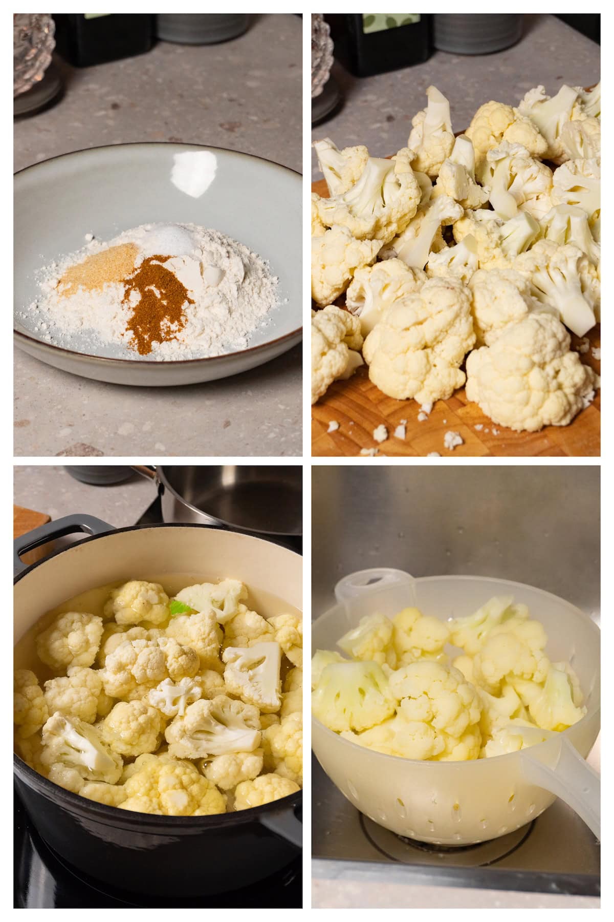 A four-step collage showing how to prepare flour dredging and boil cauliflower florets for deep-fried cauliflower bites.