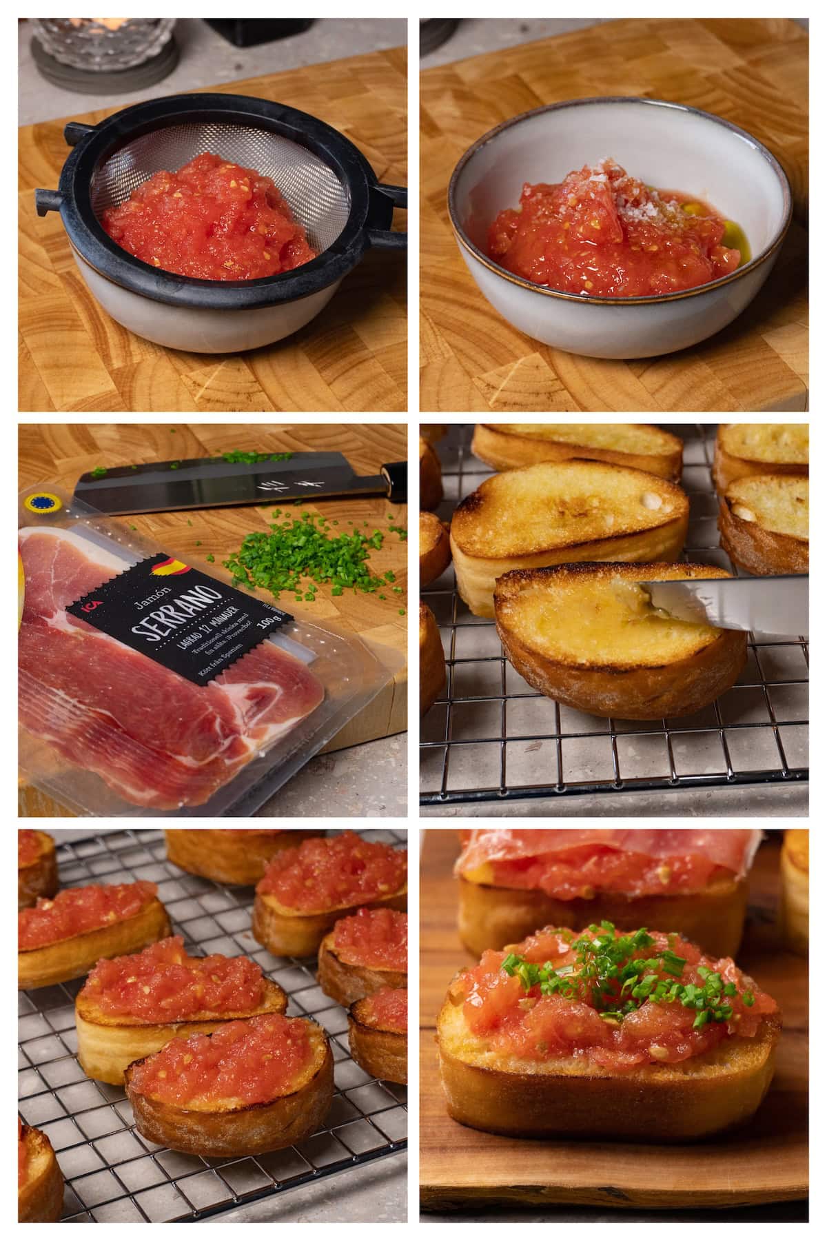 A six-step collage demonstrating how to prepare tomato spread and assemble pan con tomate.