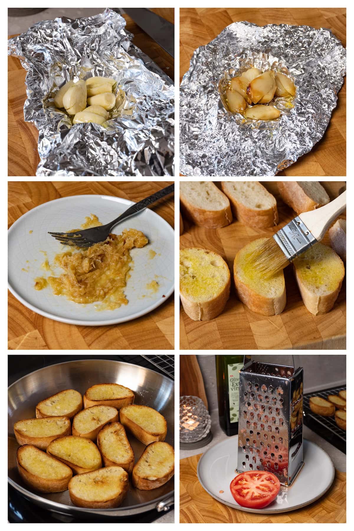 A six-step collage showing how to prepare roasted garlic and bread for tomato bread.