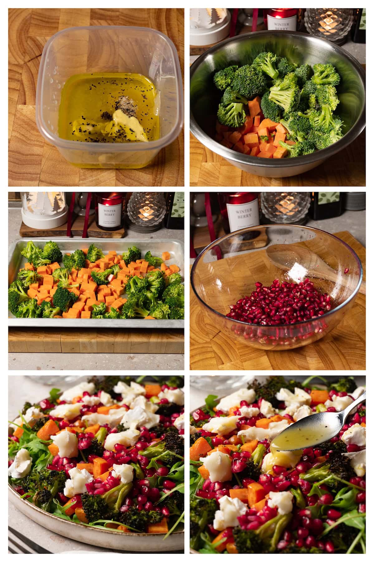 A collage image shows how to make roasted sweet potato salad with pomegranate, arugula, broccoli and cheese in 6 steps.