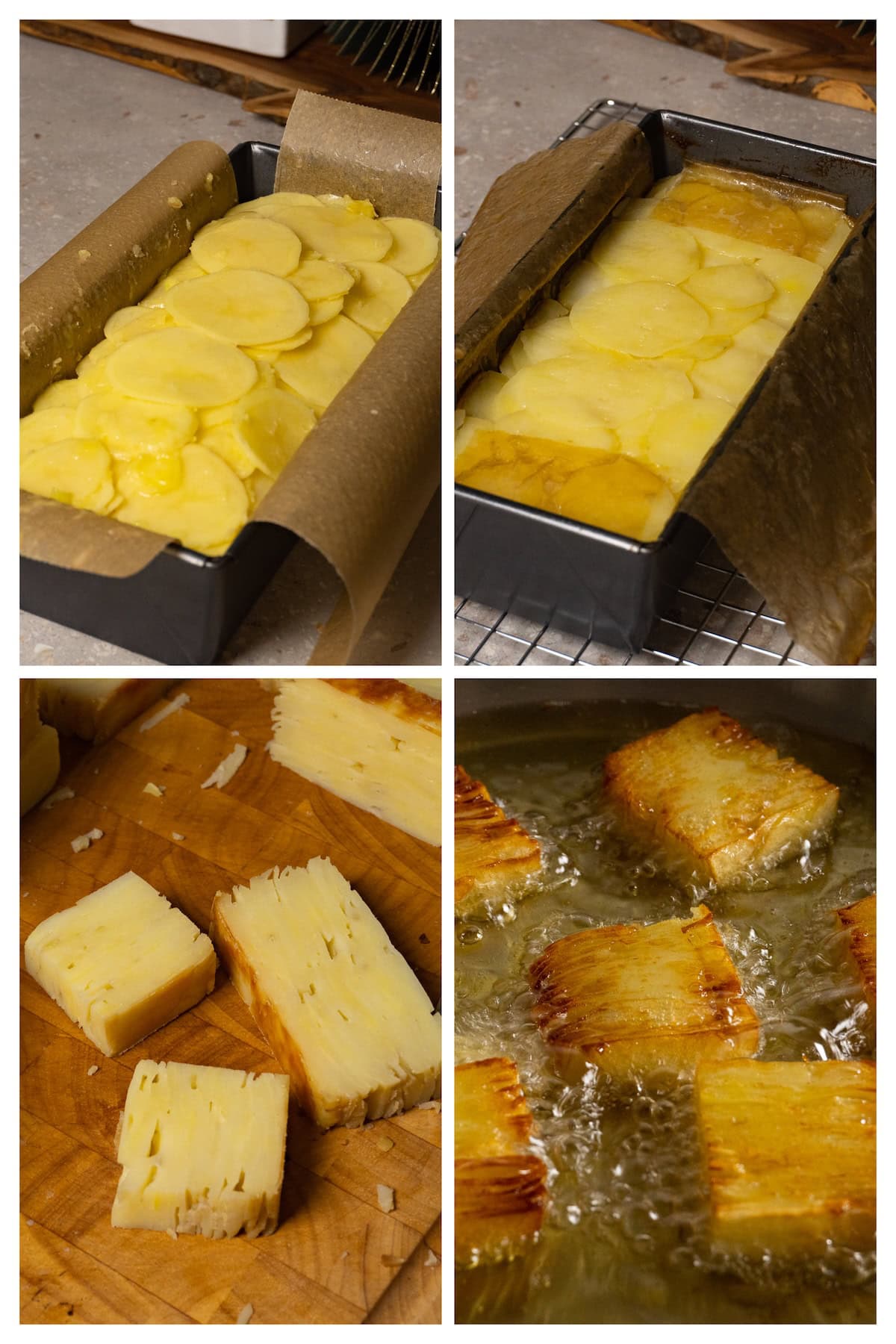 A collage image shows how to bake and then fry potato pavé in four steps.