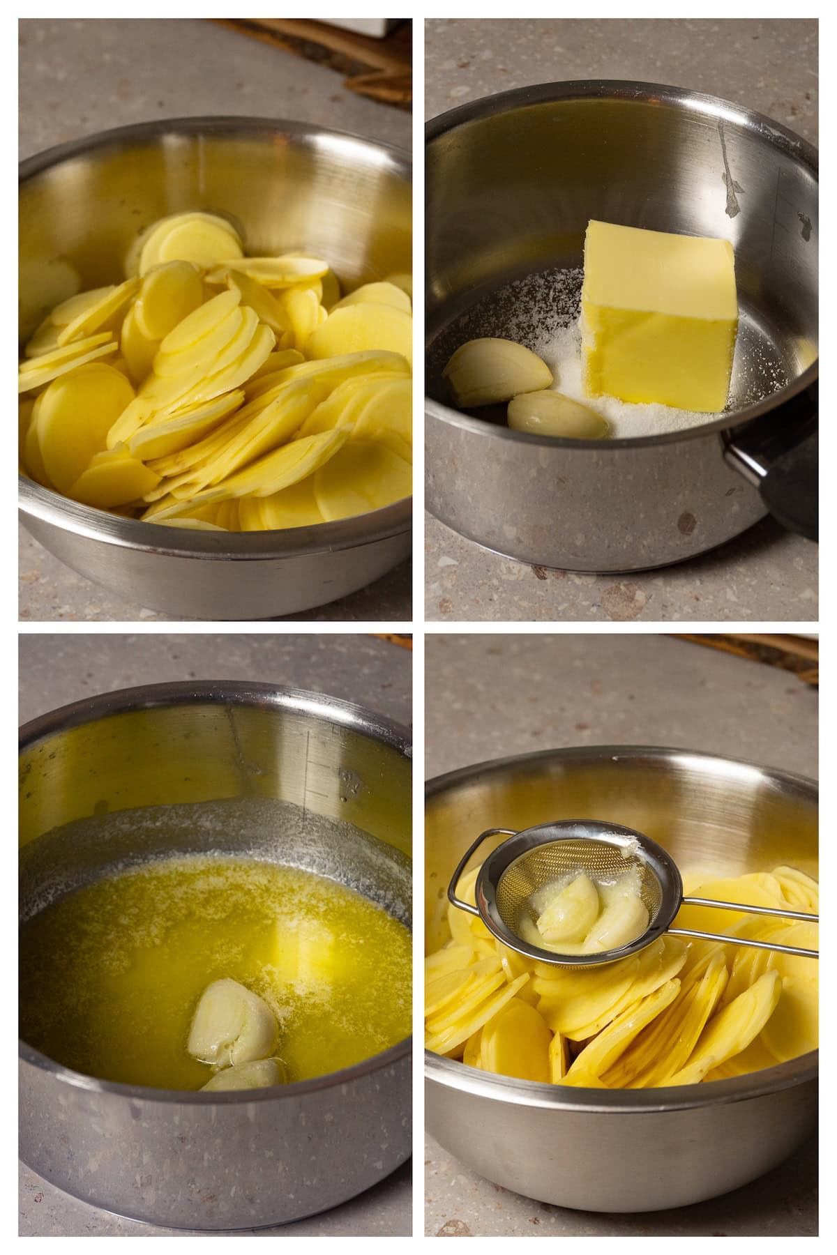 A collage image shows how to slice the potatoes and prepare the melted butter for potato pavé in four steps.