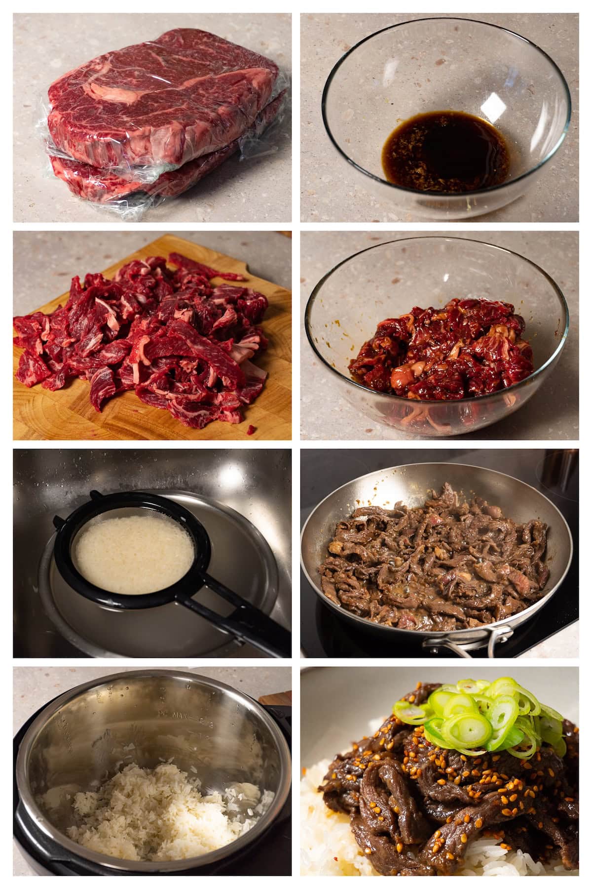 A collage image showing the eight steps to make beef and rice bowl.