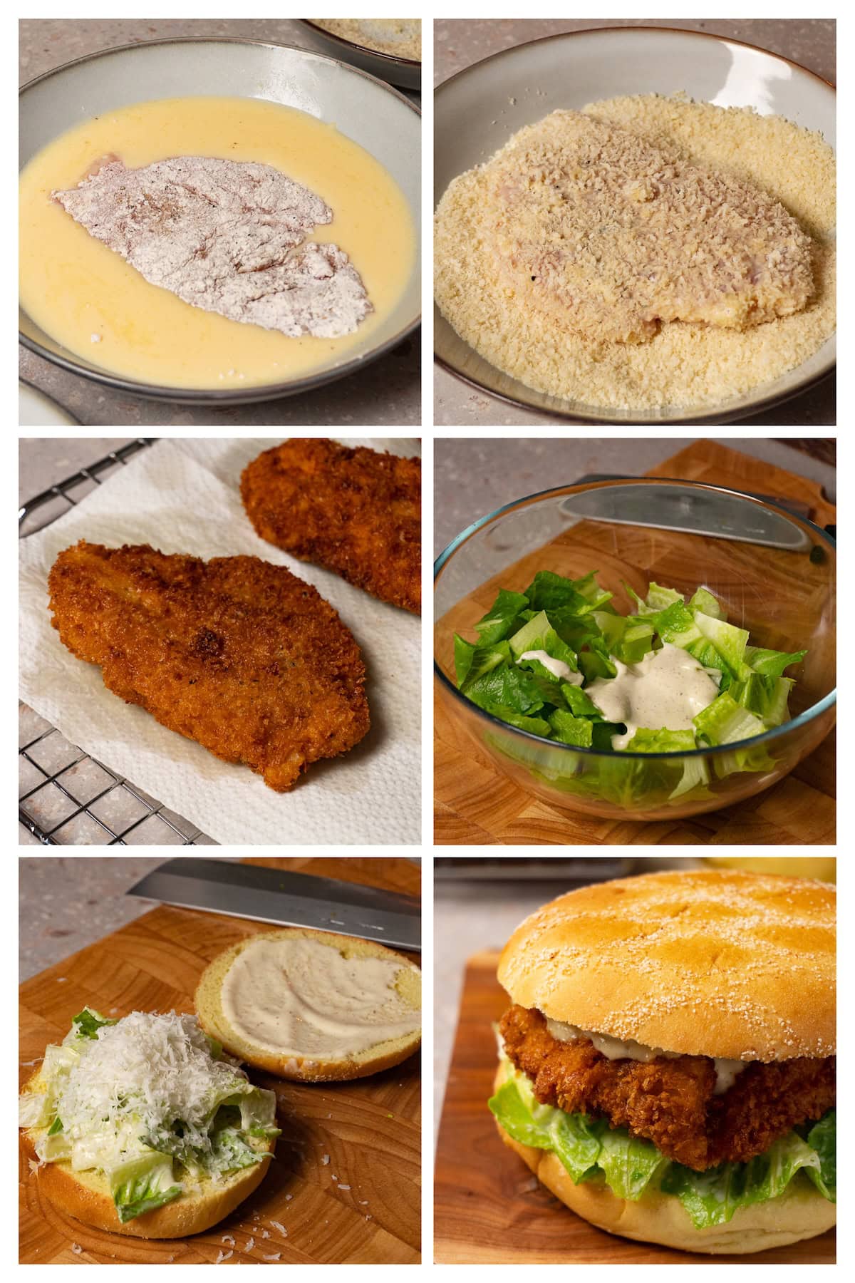 A collage image shows how to make crispy chicken and assemble a sandwich with salad, chicken, and Parmesan cheese in six steps.