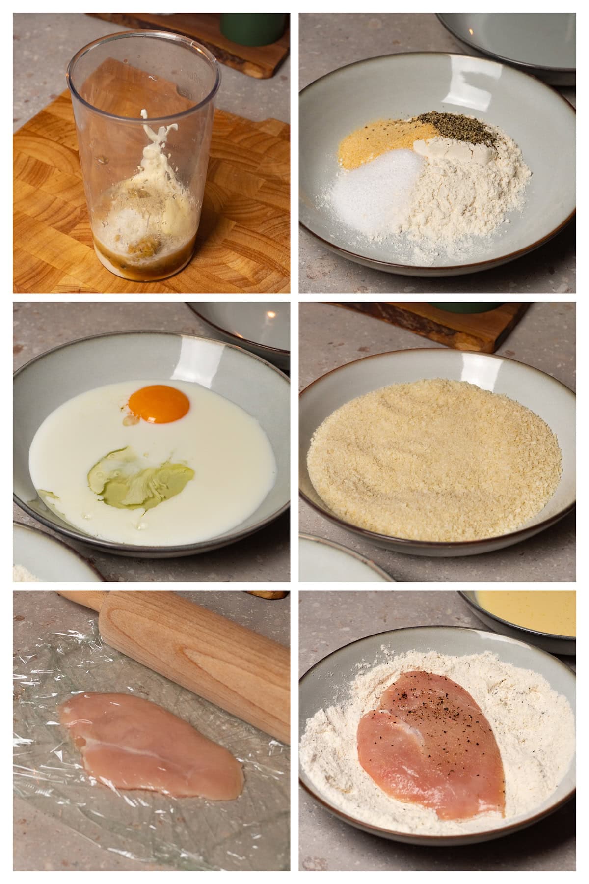 A collage image shows how to make a caesar sauce and breading station to deep fry chicken in six steps.