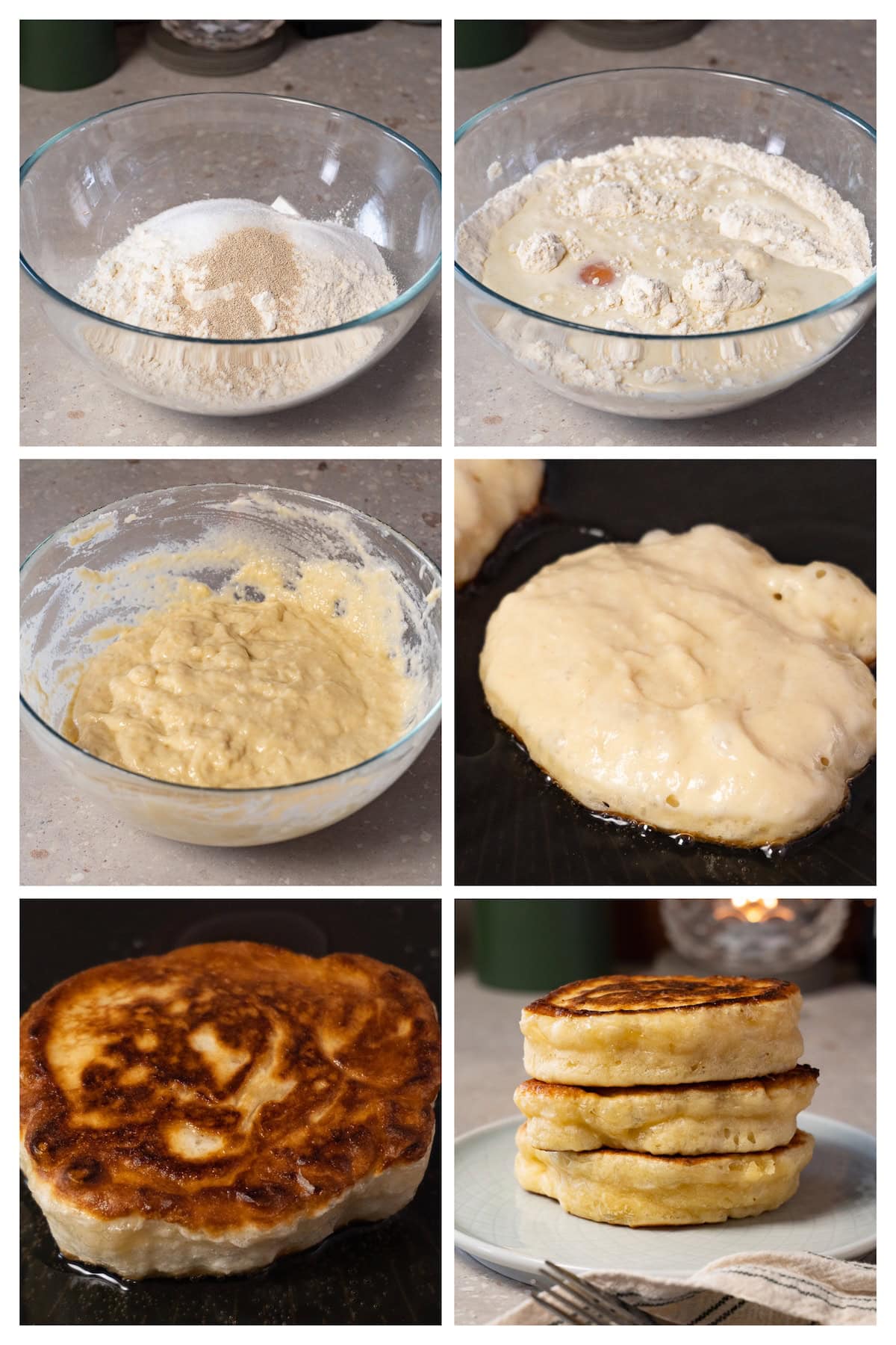A collage image showing the six steps to make pancake batter and fry the pancakes.