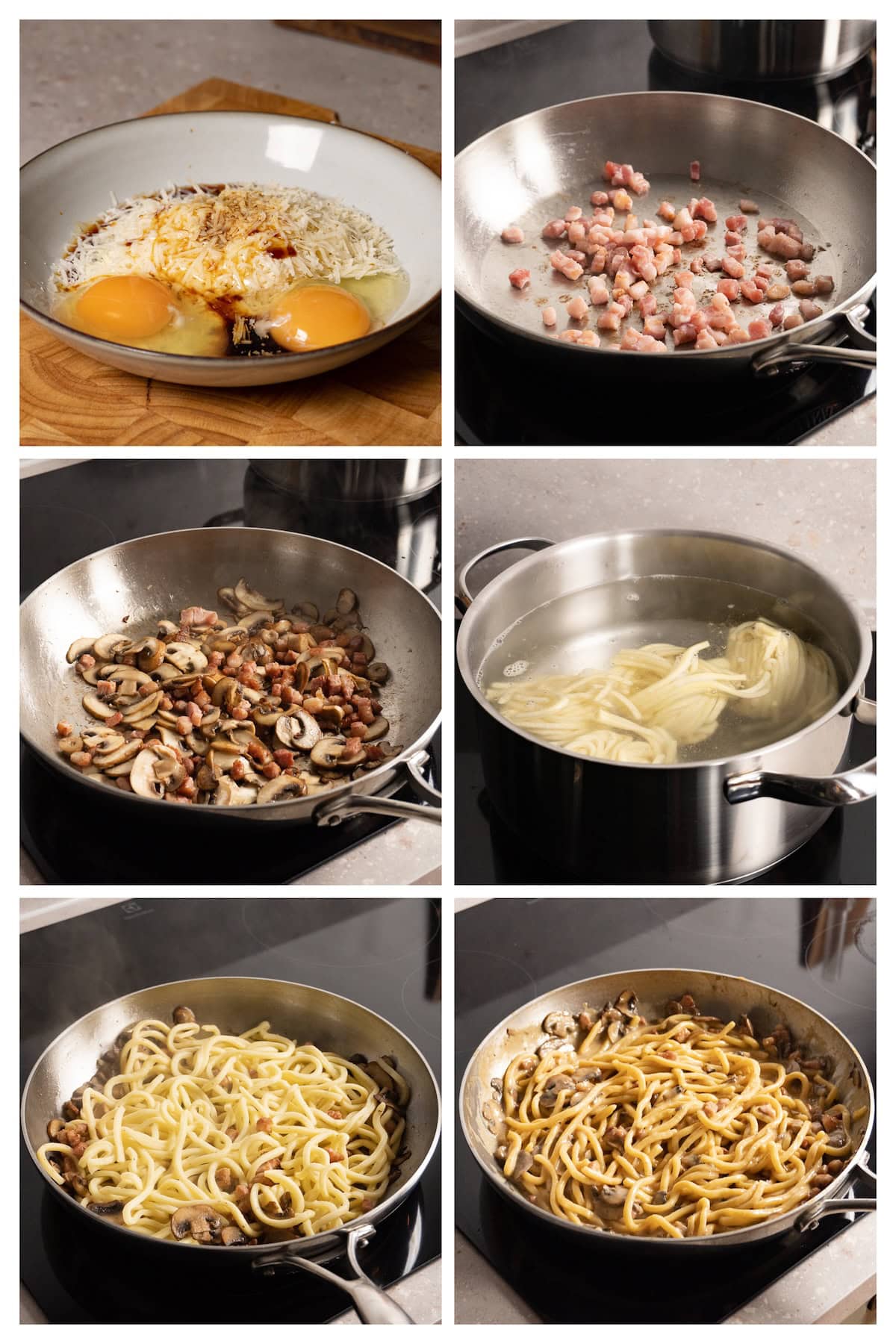 A collage image showing the six steps to make udon noodles with cream sauce, mushrooms and bacon.