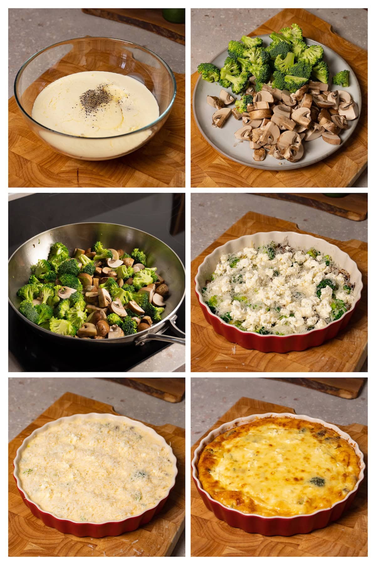 A collage image showing the six steps to make crustless quiche with broccoli, mushrooms and cheese.