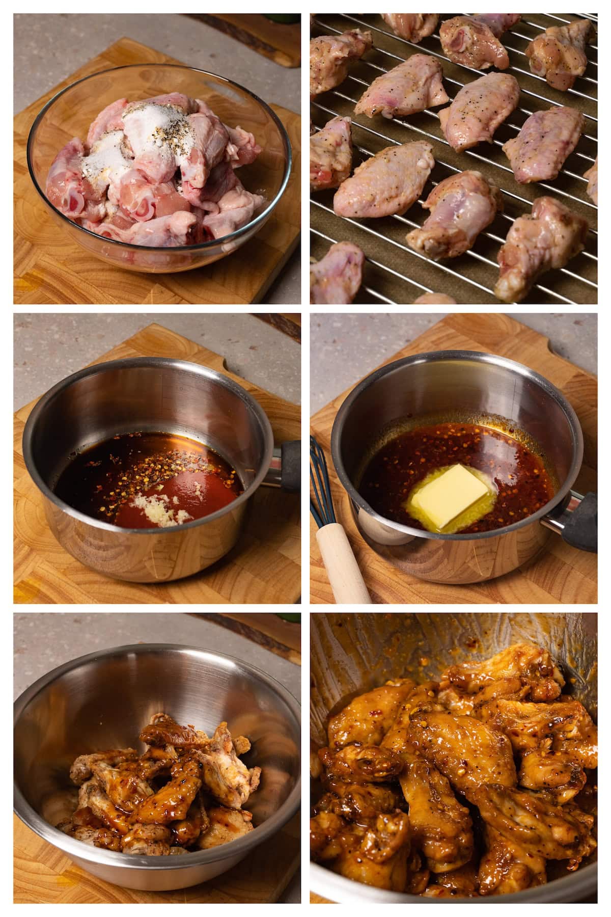 A collage image showing the six steps to make chicken wings in hot honey sauce.