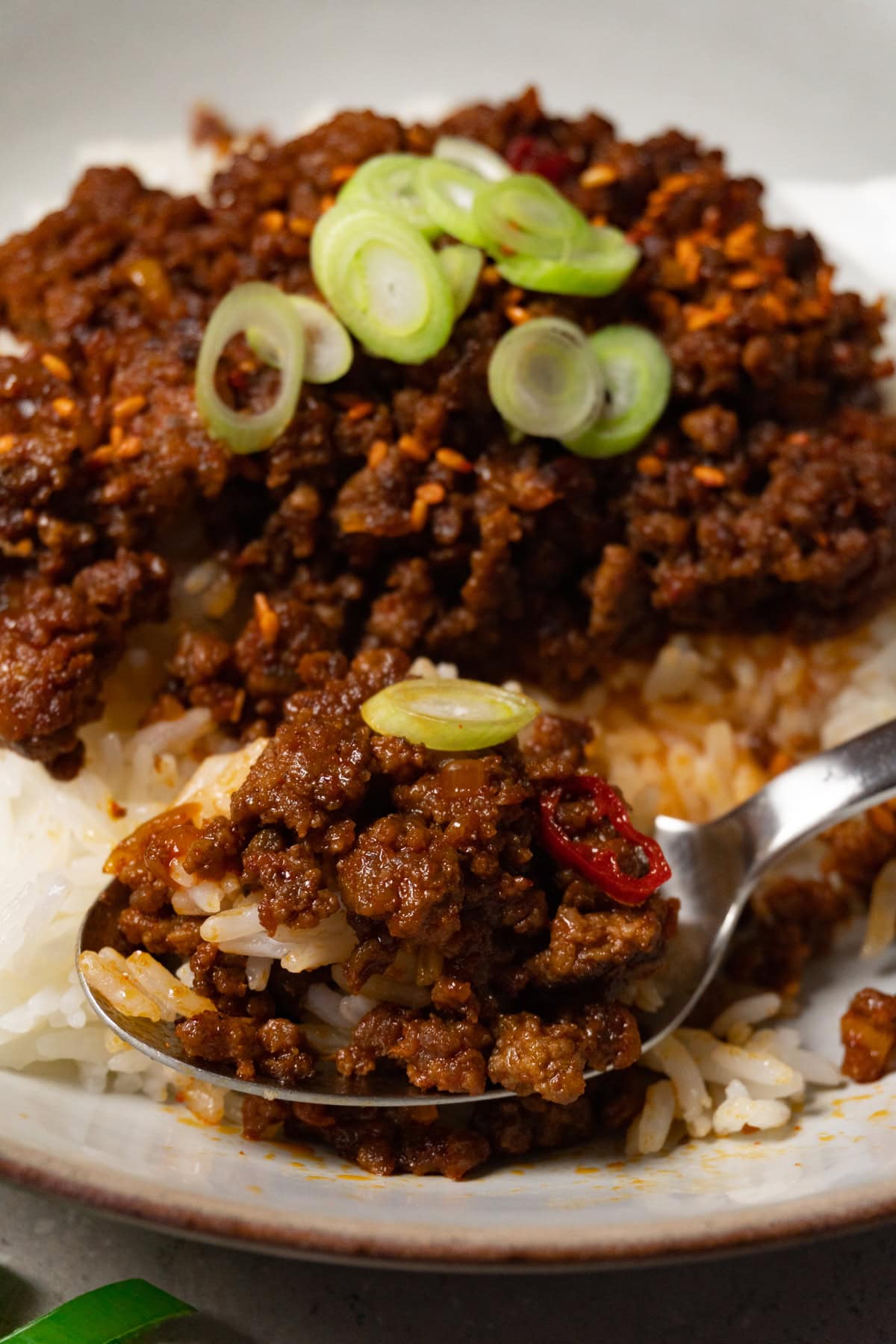 A bowl of rice topped with a generous portion of saucy ground beef and fresh green onions, with one spoonful taken.