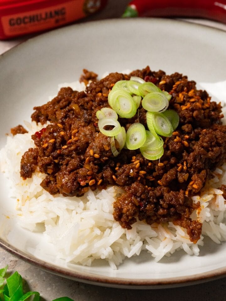 A bowl of rice topped with a generous portion of saucy ground beef and fresh green onions.