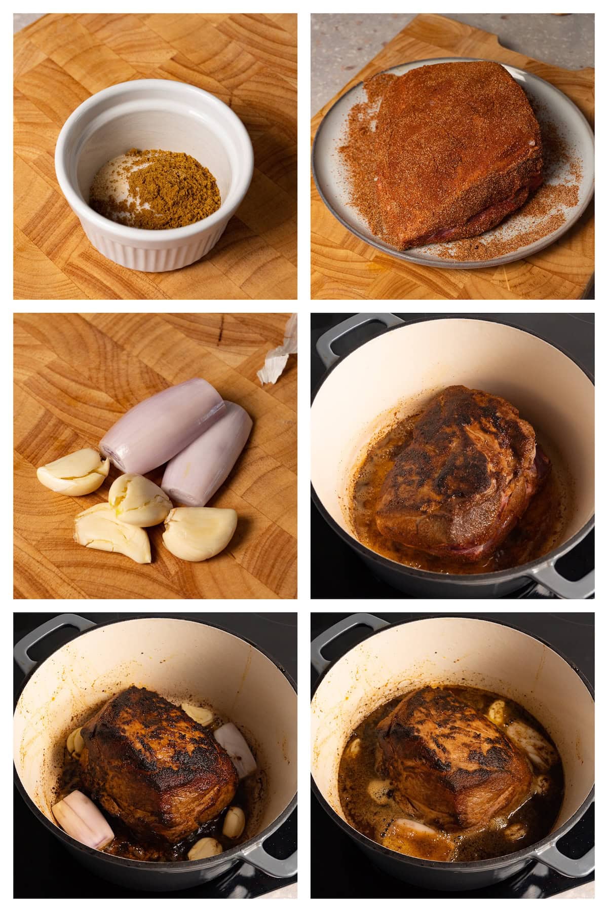 A collage image showing the six steps to slow cook pork shoulder with onions and garlic.