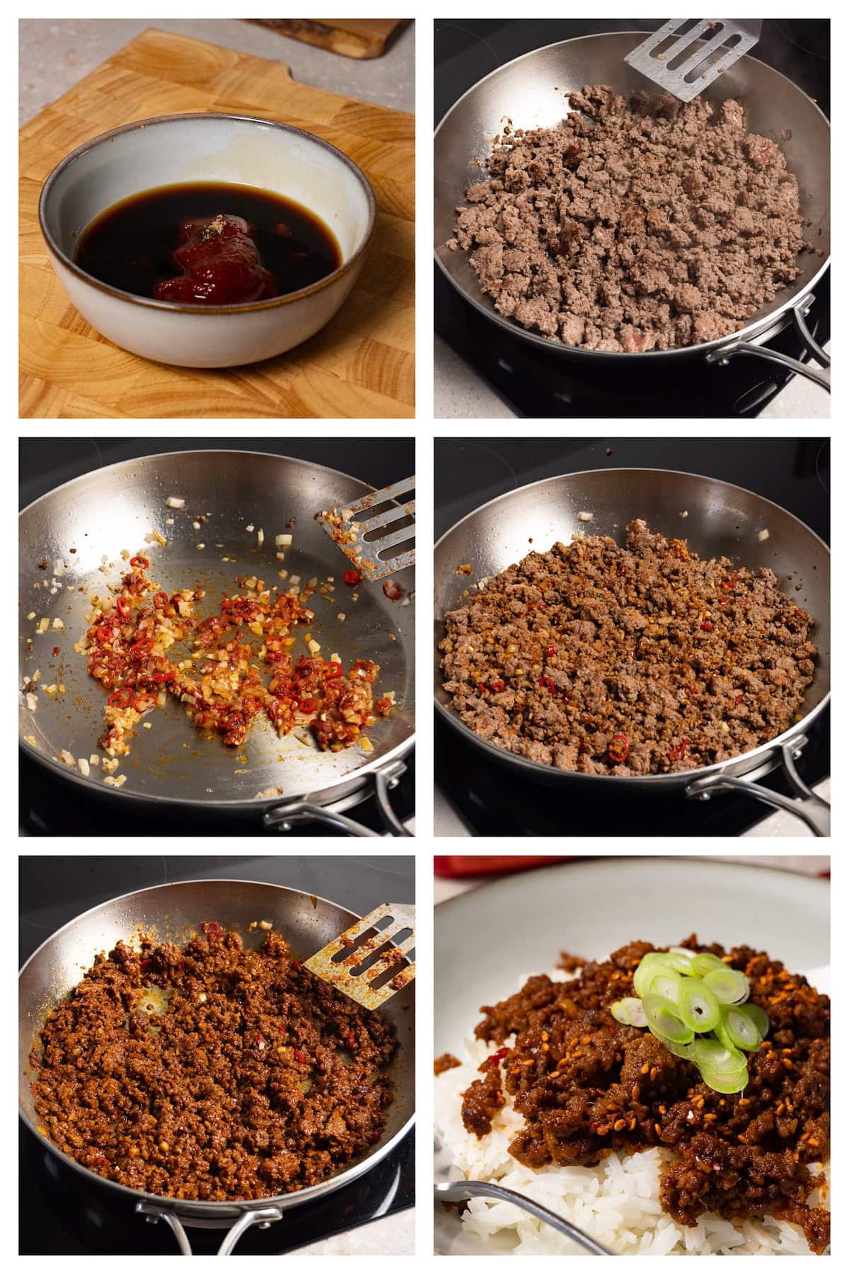 A collage image showing the six steps to cook ground beef with onions, garlic, fresh red chilli pepper and red sauce.
