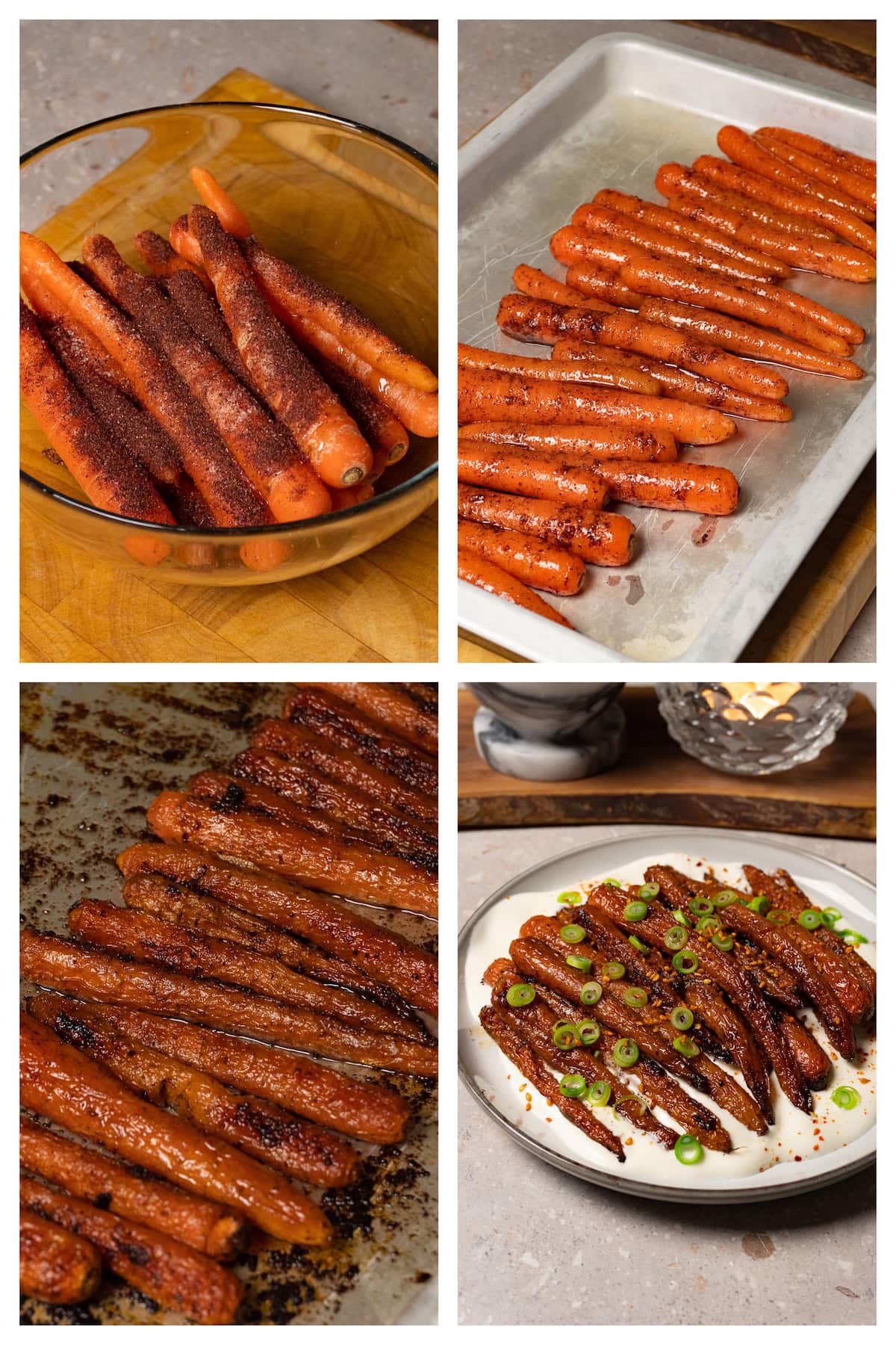 A collage image showing the four steps to make honey glazed carrots.