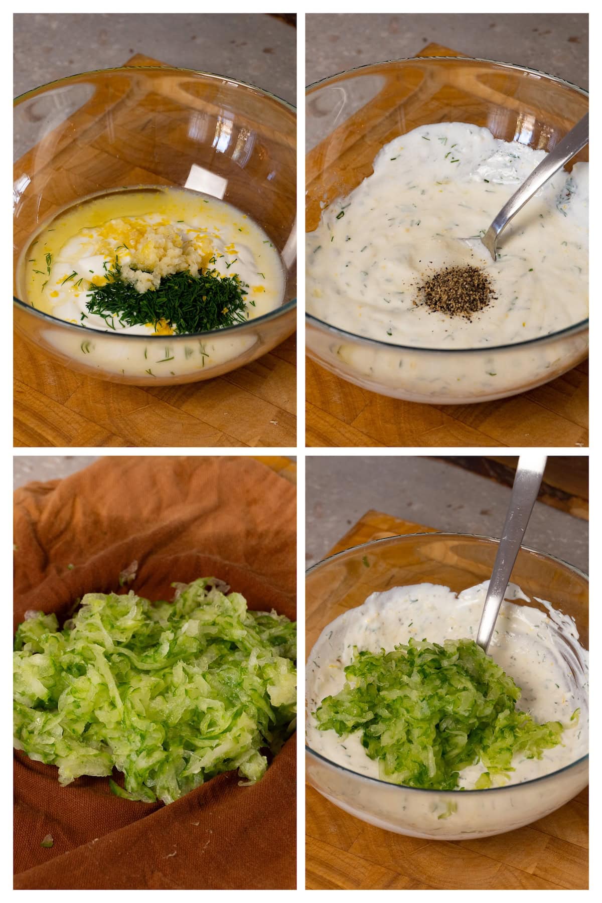 A collage image showing the four steps to make tzatziki sauce.