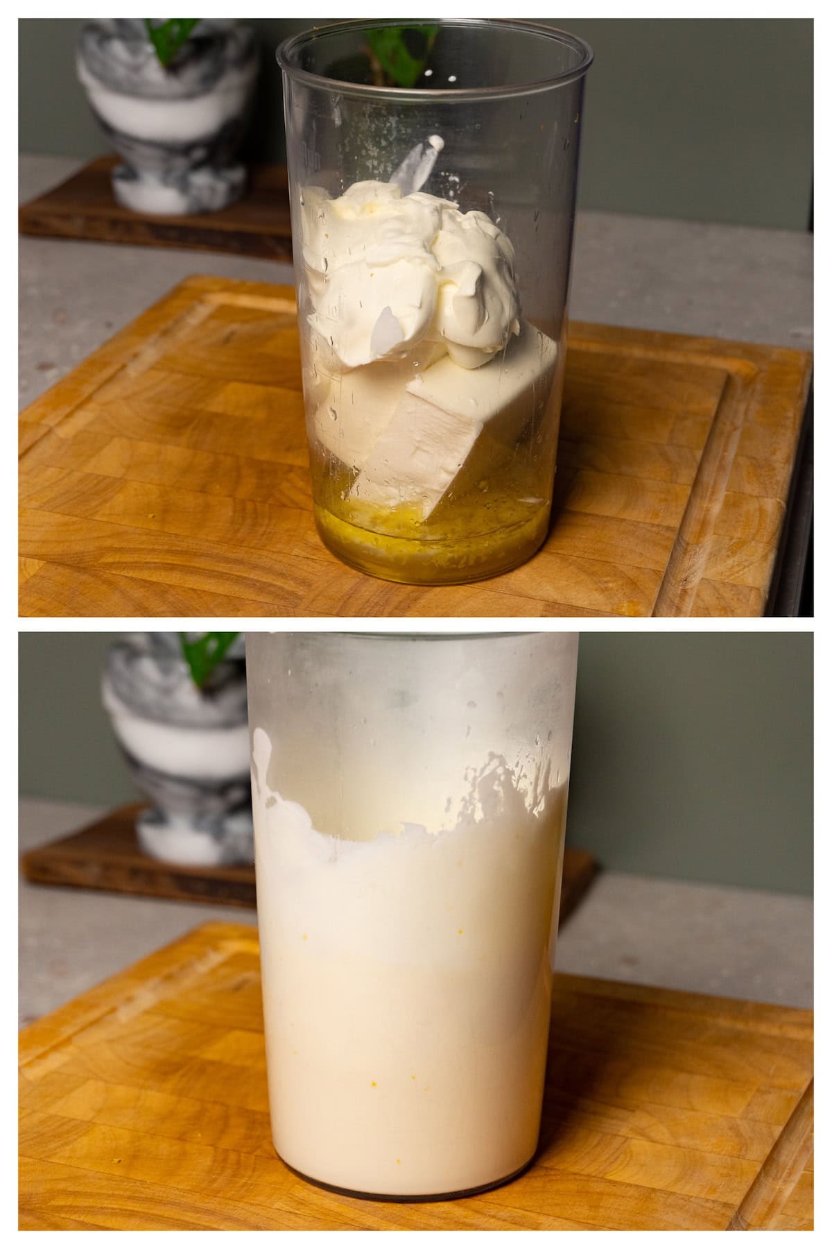 A collage image showing how to make whipped feta sauce.