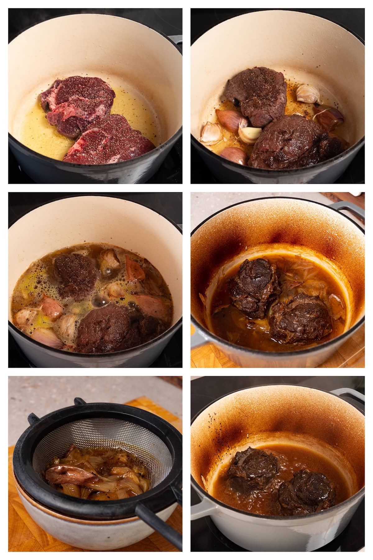 A collage image showing the four steps to make braised beef cheeks.