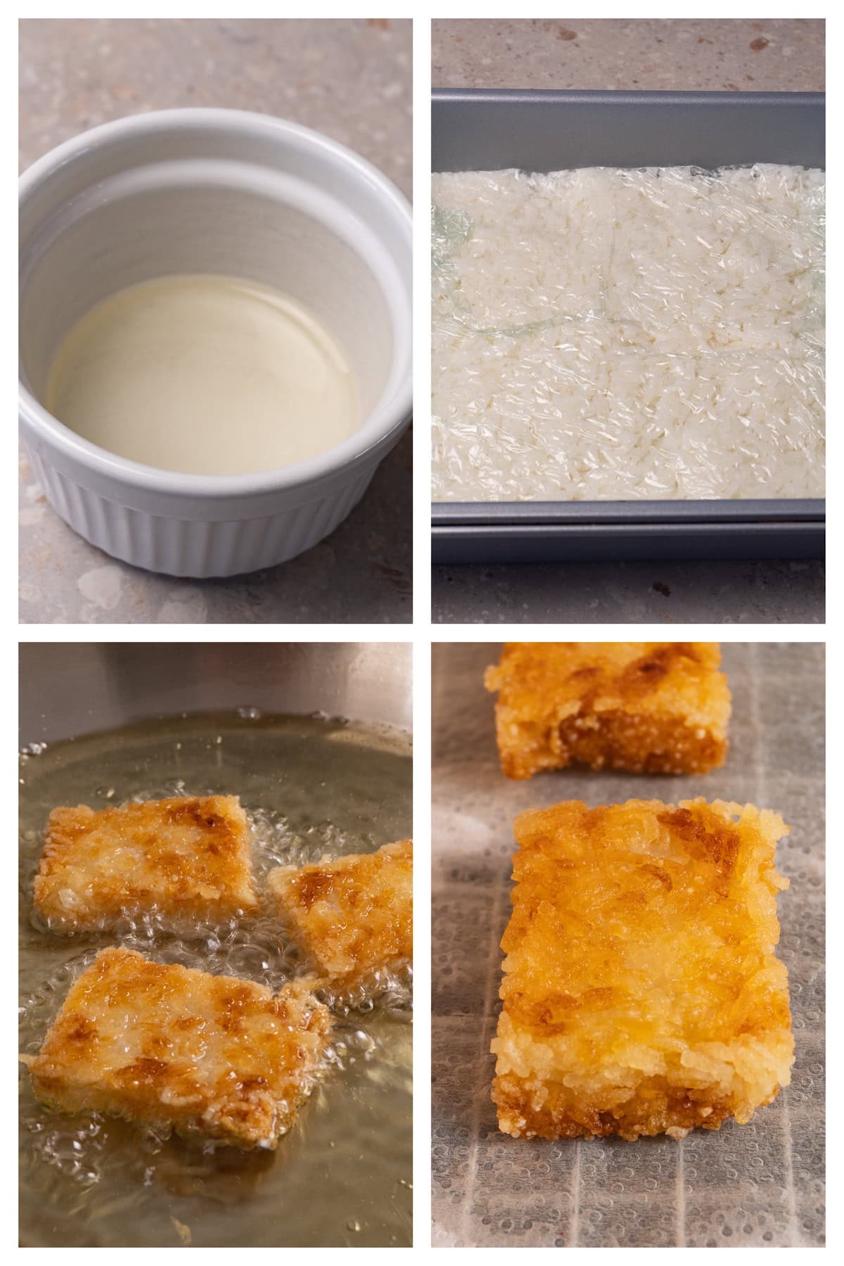 A collage image showing the four steps to make crispy rice cakes.